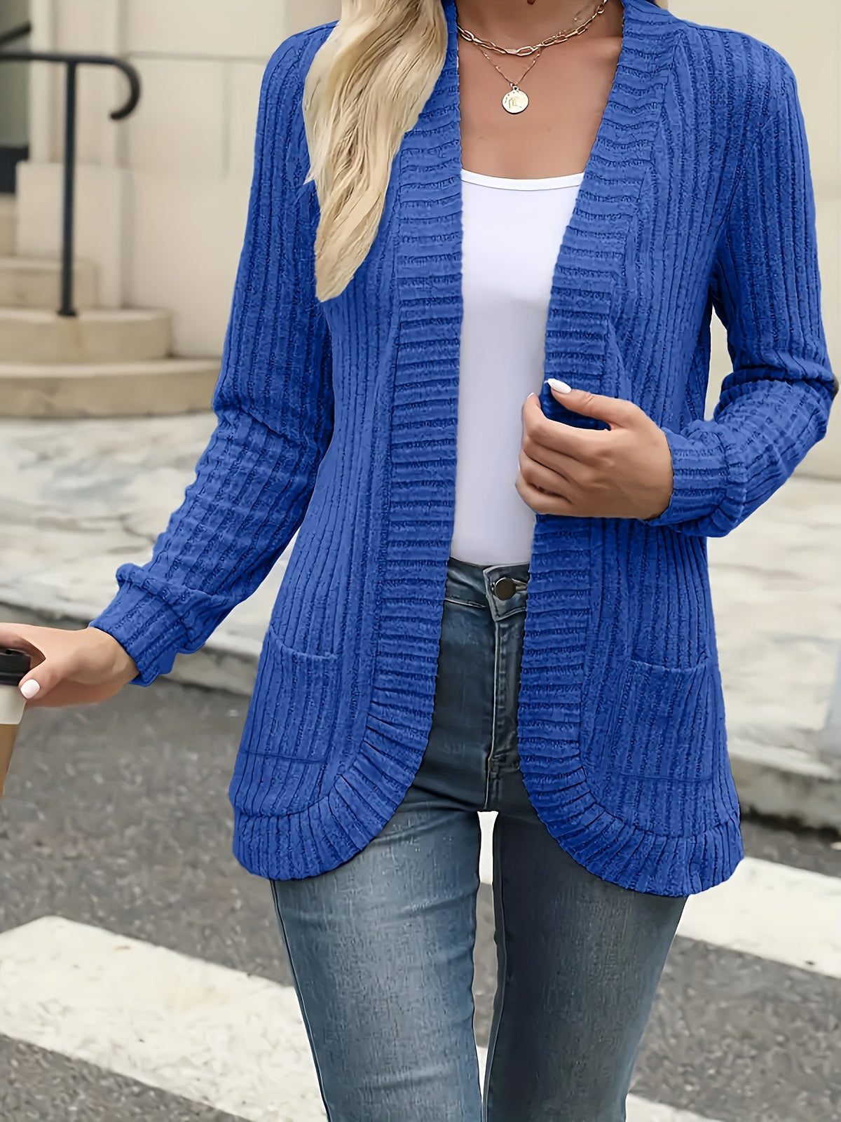 Women's Elegant Front Open Sweater Cardigan Long Sleeve Pleated Detail Solid Color - Soft Suede Feel Layering Piece for Fall Winter Office Casual Daily Wear