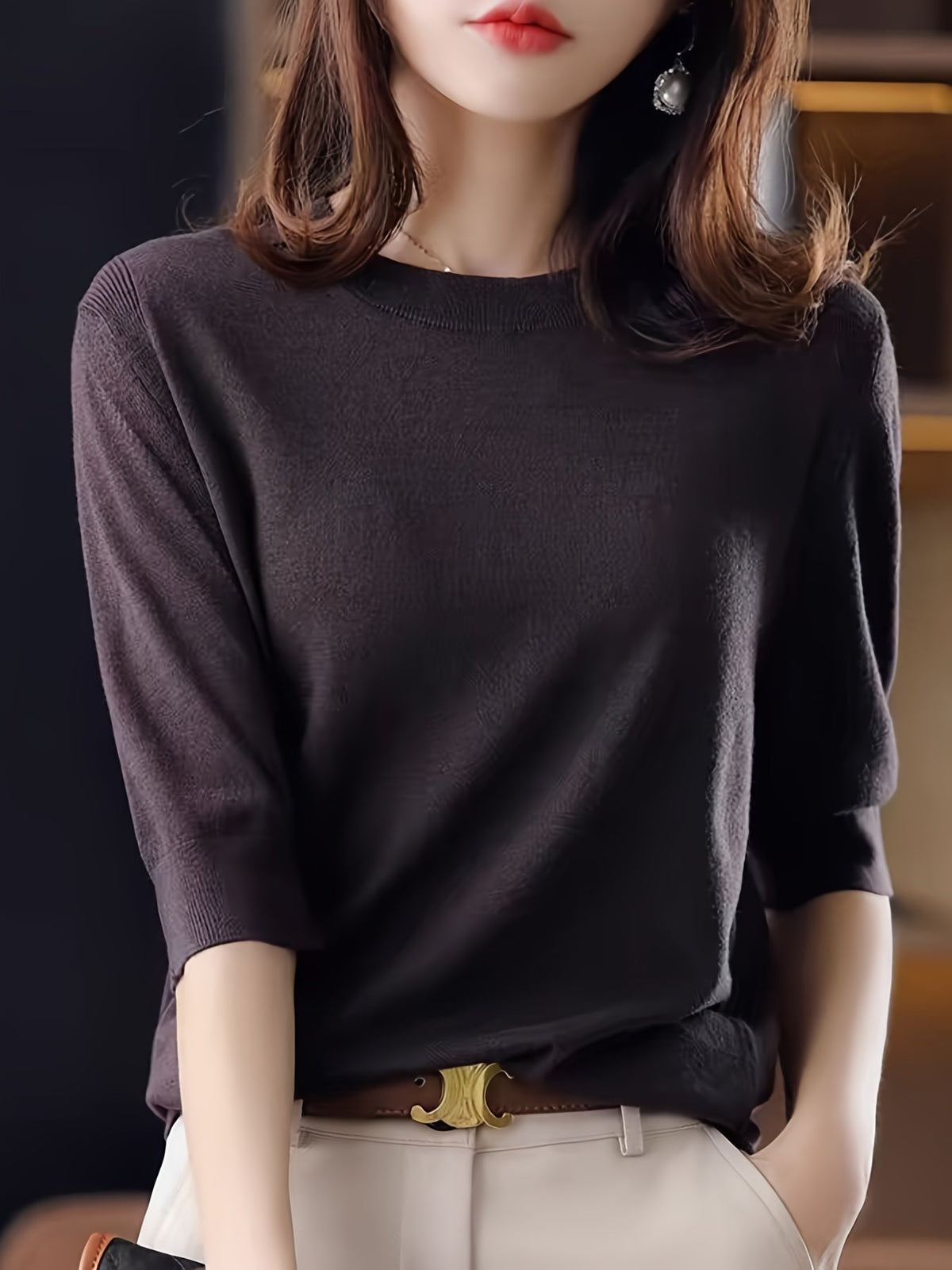 Women's Ribbed Knit Crew Neck Three-Quarter Sleeve Pullover Sweater Top – Vintage Elegant Stretch Soft Fabric Spring Autumn Long Sleeve Blouse S-XXL