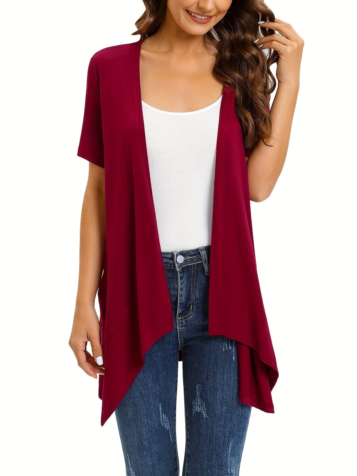 Women's Dual Pockets Open Front Coat Short Sleeve Halter Neck Asymmetrical Hem Knit Cardigan - Casual Lightweight Outerwear for Spring Summer Beach Vacation