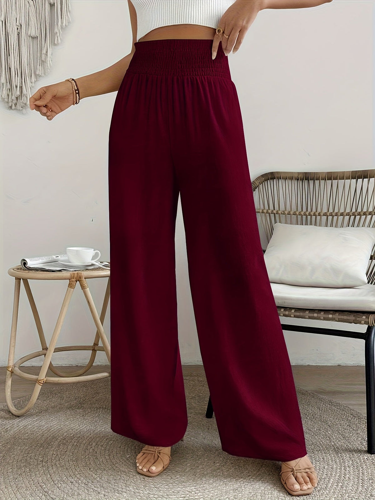 Women's High-Waist Elegant Solid Color Pants Smooth Micro Elasticity Trousers - Casual Chic Machine Washable Bottoms for Spring Summer Fall Office Daily Wear