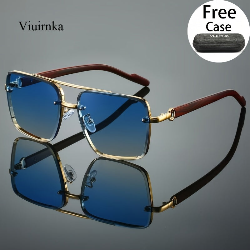 Square Fashion Glasses with Wood Grain Temples for Men Women – Double Beam Retro Design Gradient Lens Sunglasses Unisex for Driving Travel Street Photography Gift with Case