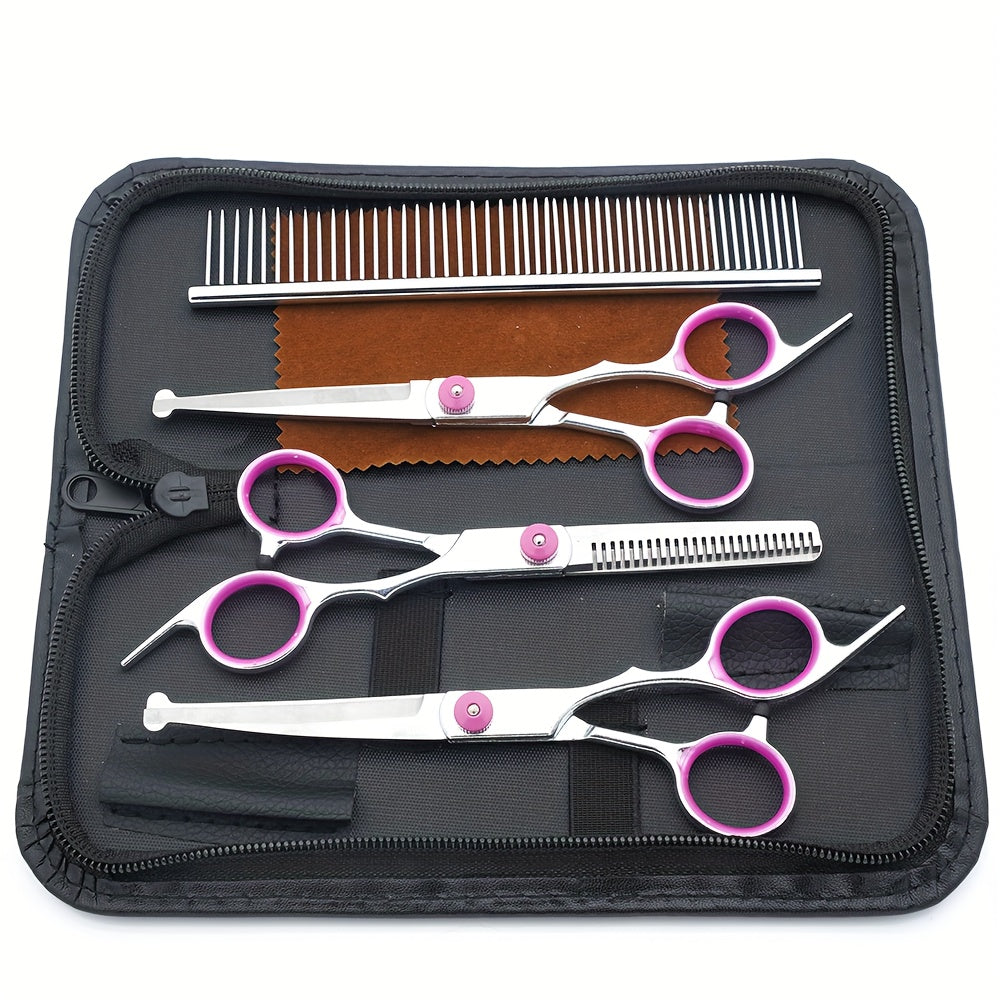 5-in-1 Dog Grooming Scissors Set - Professional Pet Grooming Kit with Safety Round Head, Thinning Shears & Clippers for Dogs Cats - Complete Pet Beauty Scissors Kit