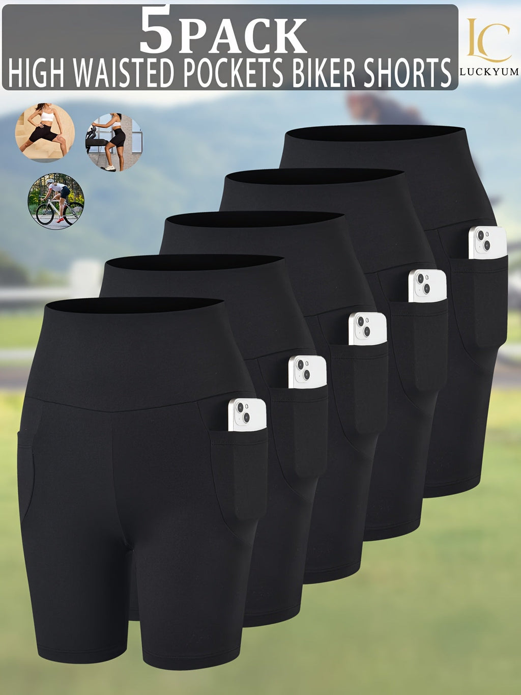 Women's High Waisted Biker Shorts 5 Pack with Pockets | Tummy Control No See-Through Squat-Proof | 6" Inseam Workout Running Yoga Gym Shorts | Soft 4-Way Stretch | XS-XXL Mixed Colors
