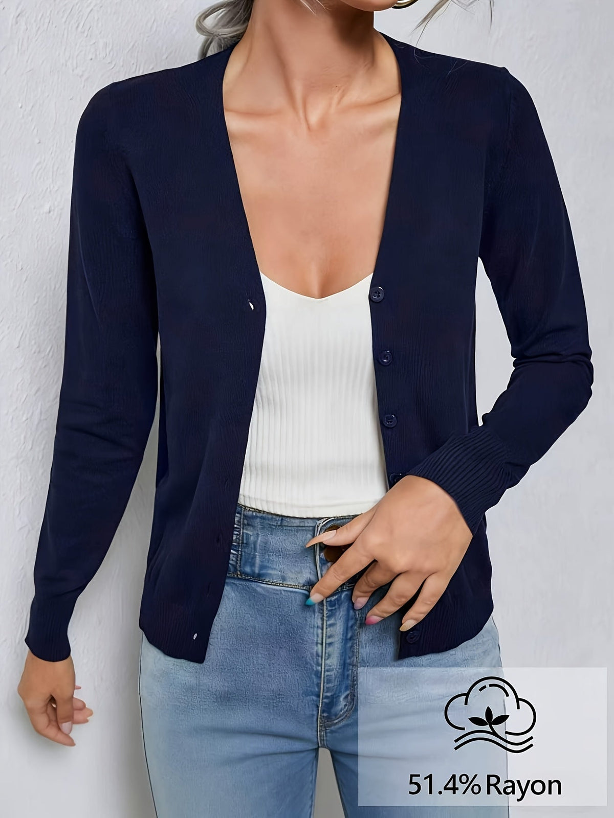 Women's Elegant V-Neck Button Knit Cardigan – High-End Solid Color Medium Stretch Jersey Sweater Office Casual Outerwear Fall Winter Layering Top