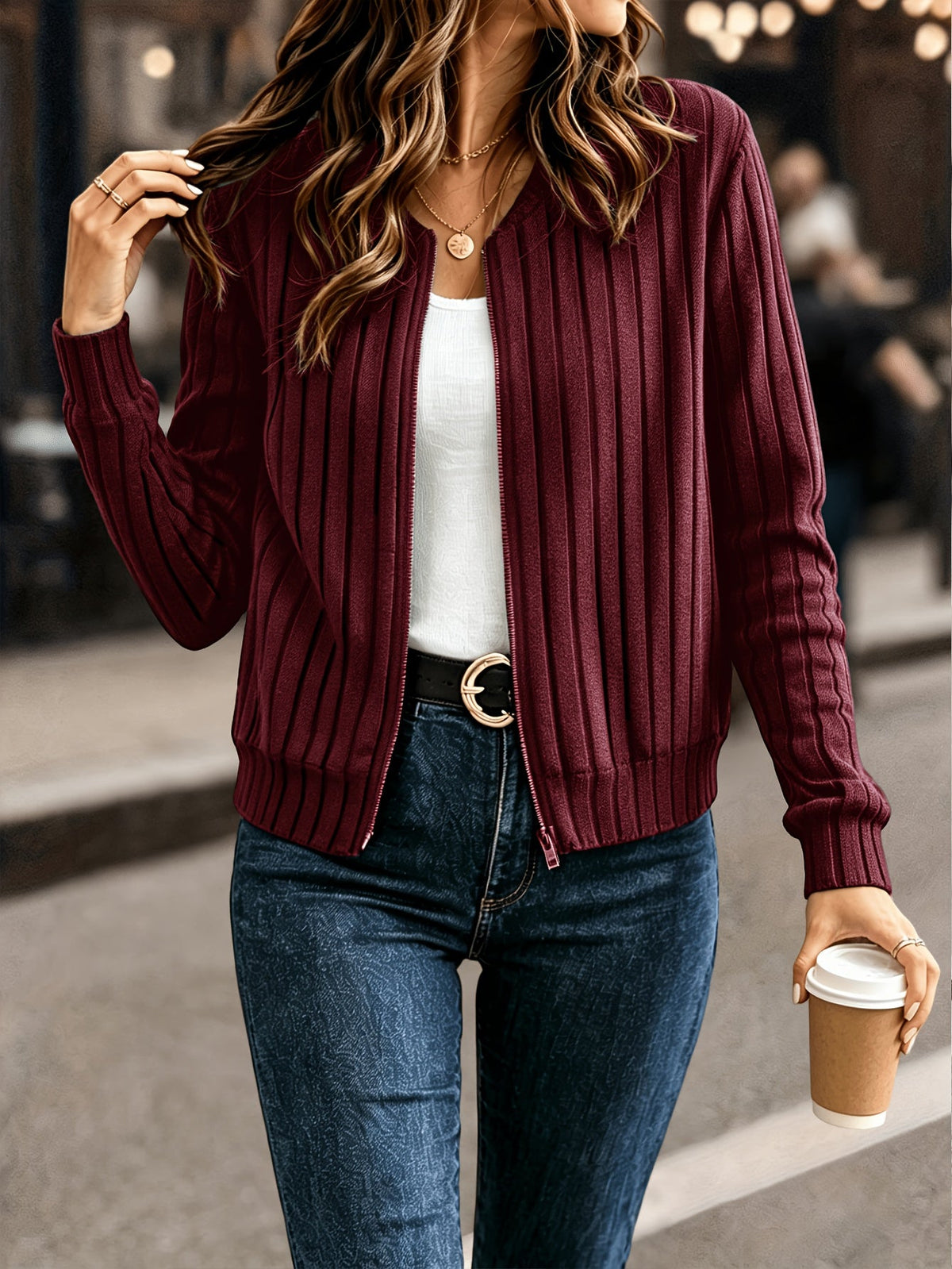 Women's Solid Color Ribbed Zip-Up Long Sleeve Jacket Coat – Elegant Casual Commuter Outerwear Fall Winter Knit Top