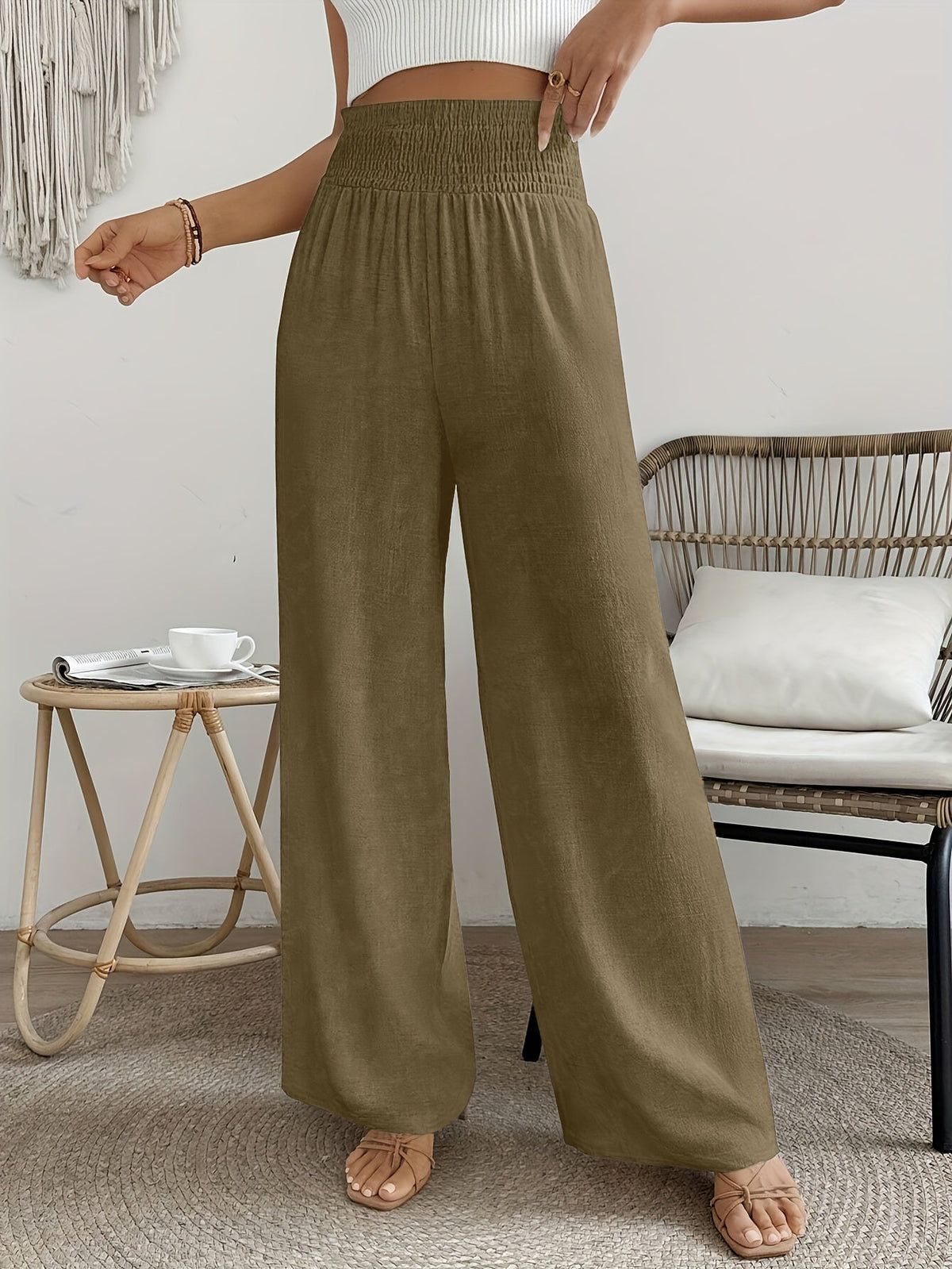 Women's High-Waist Elegant Solid Color Pants Smooth Micro Elasticity Trousers - Casual Chic Machine Washable Bottoms for Spring Summer Fall Office Daily Wear