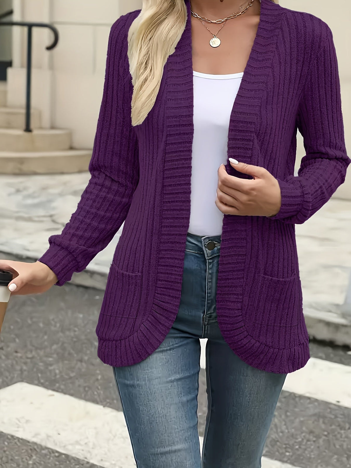 Women's Elegant Front Open Sweater Cardigan Long Sleeve Pleated Detail Solid Color - Soft Suede Feel Layering Piece for Fall Winter Office Casual Daily Wear