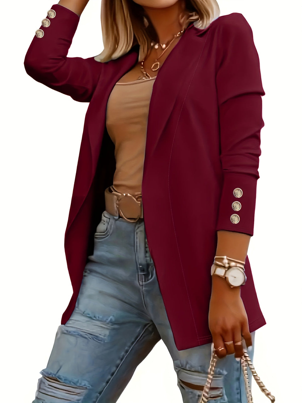 Women's Midi-Length Lapel Knit Jacket – Solid Color Long Sleeve Cuff 95% Polyester Micro-Stretch Casual Fashion Coat All-Season