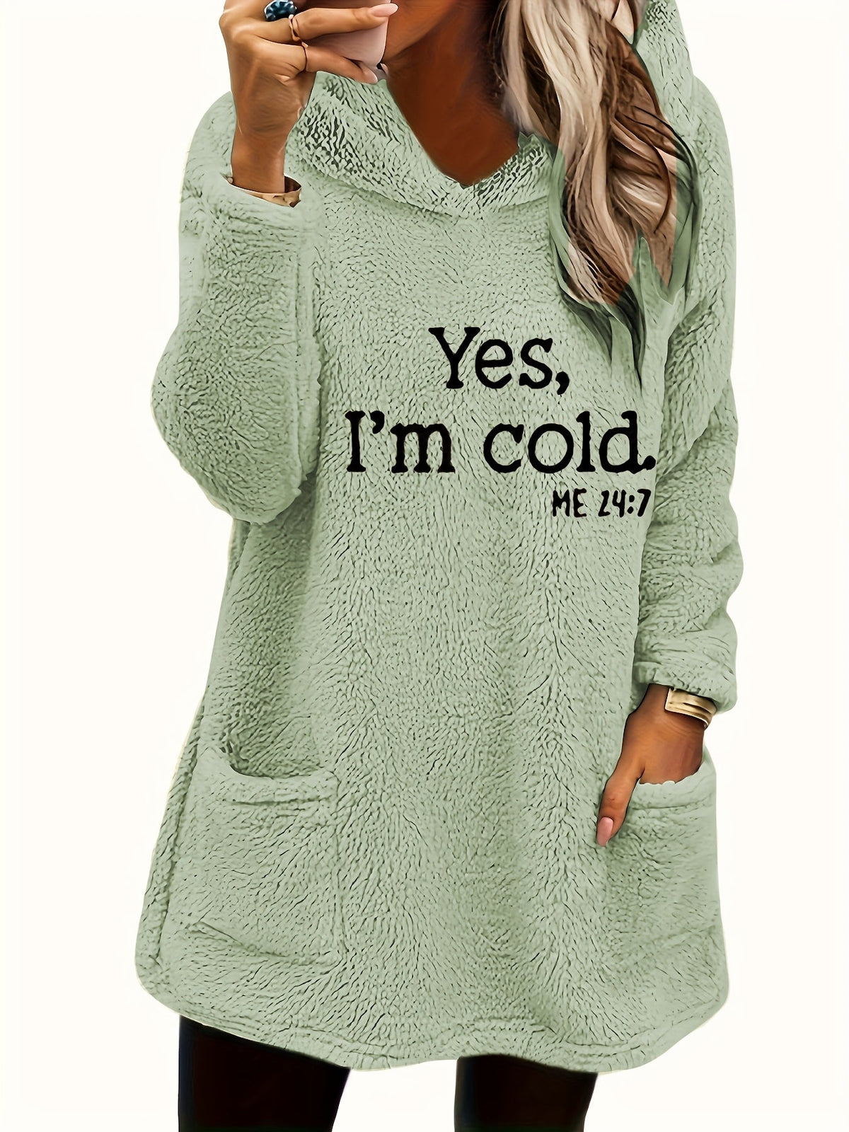Women's "Yes I'm Cold" Teddy Bear Graphic Hooded Sweatshirt – Cozy Fleece-Lined Pullover Hoodie Double Pocket Long Sleeve 100% Polyester Fall Winter Casual Top