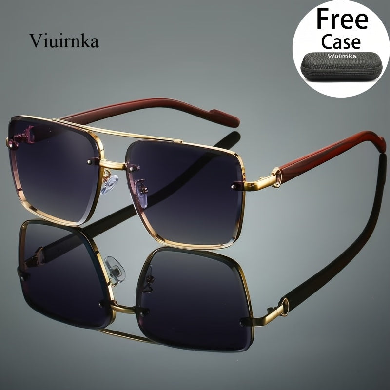 UV400 Square Sunglasses with Case for Men Women – Double Bridge Retro Wood Grain Frame, Polarized-Style Unisex Shades for Driving, Travel, Beach & Street Style, 7 Colors