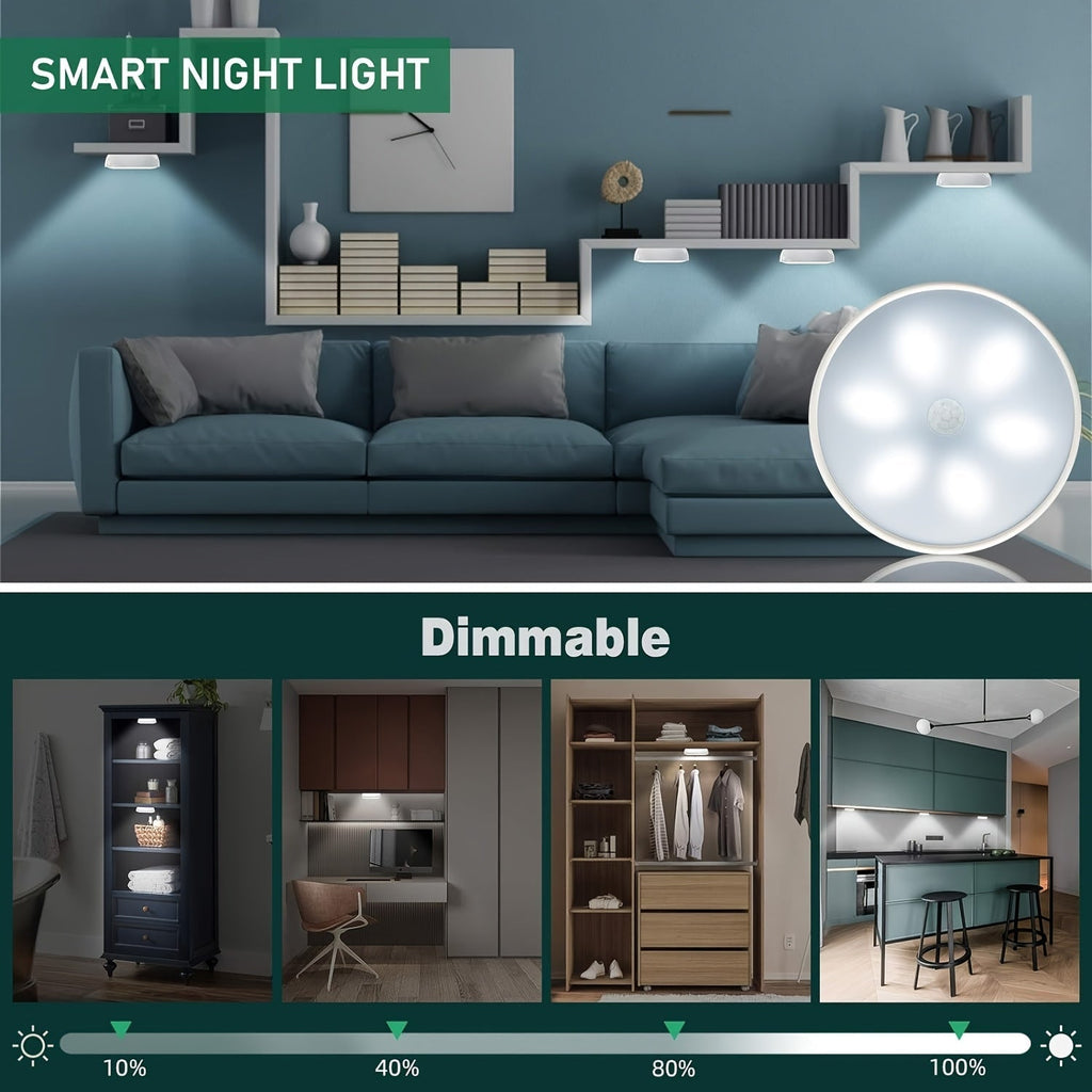 LED Motion Sensor Night Lights USB Rechargeable Wireless Dual Mode Adjustable Brightness Magnetic Mount – Under Cabinet Kitchen Hallway Stairs Closet 6 or 12 Pack