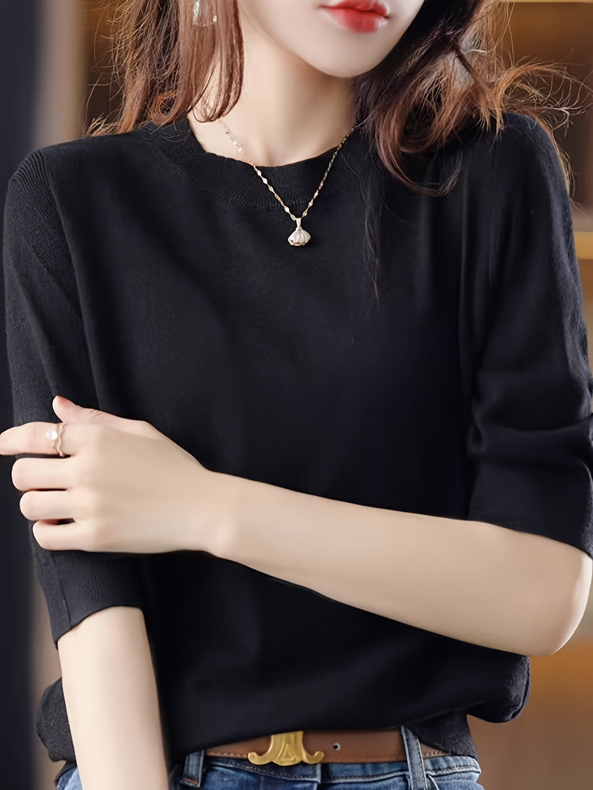 Women's Ribbed Knit Crew Neck Three-Quarter Sleeve Pullover Sweater Top – Vintage Elegant Stretch Soft Fabric Spring Autumn Long Sleeve Blouse S-XXL