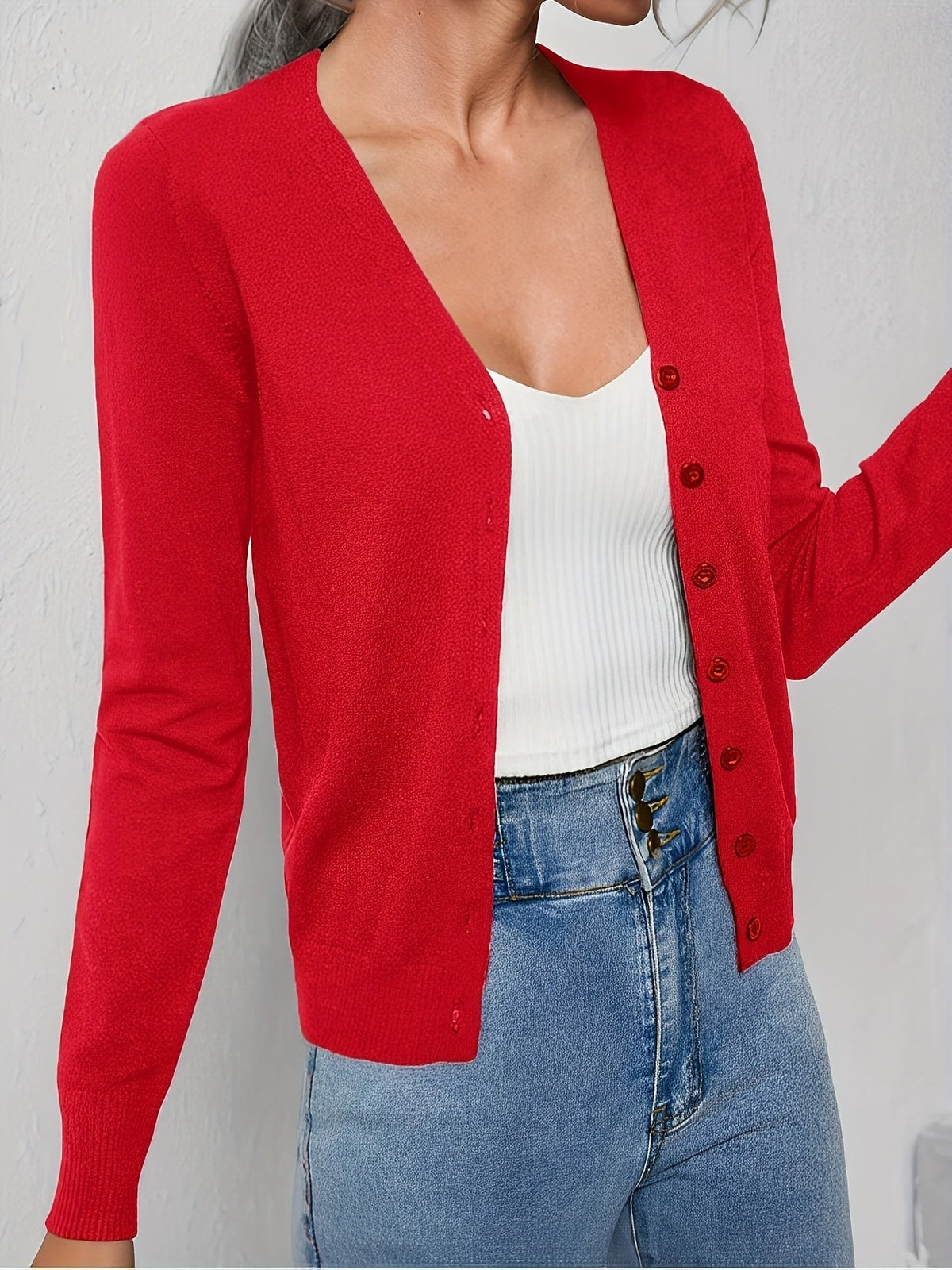 Women's Elegant V-Neck Button Knit Cardigan – High-End Solid Color Medium Stretch Jersey Sweater Office Casual Outerwear Fall Winter Layering Top