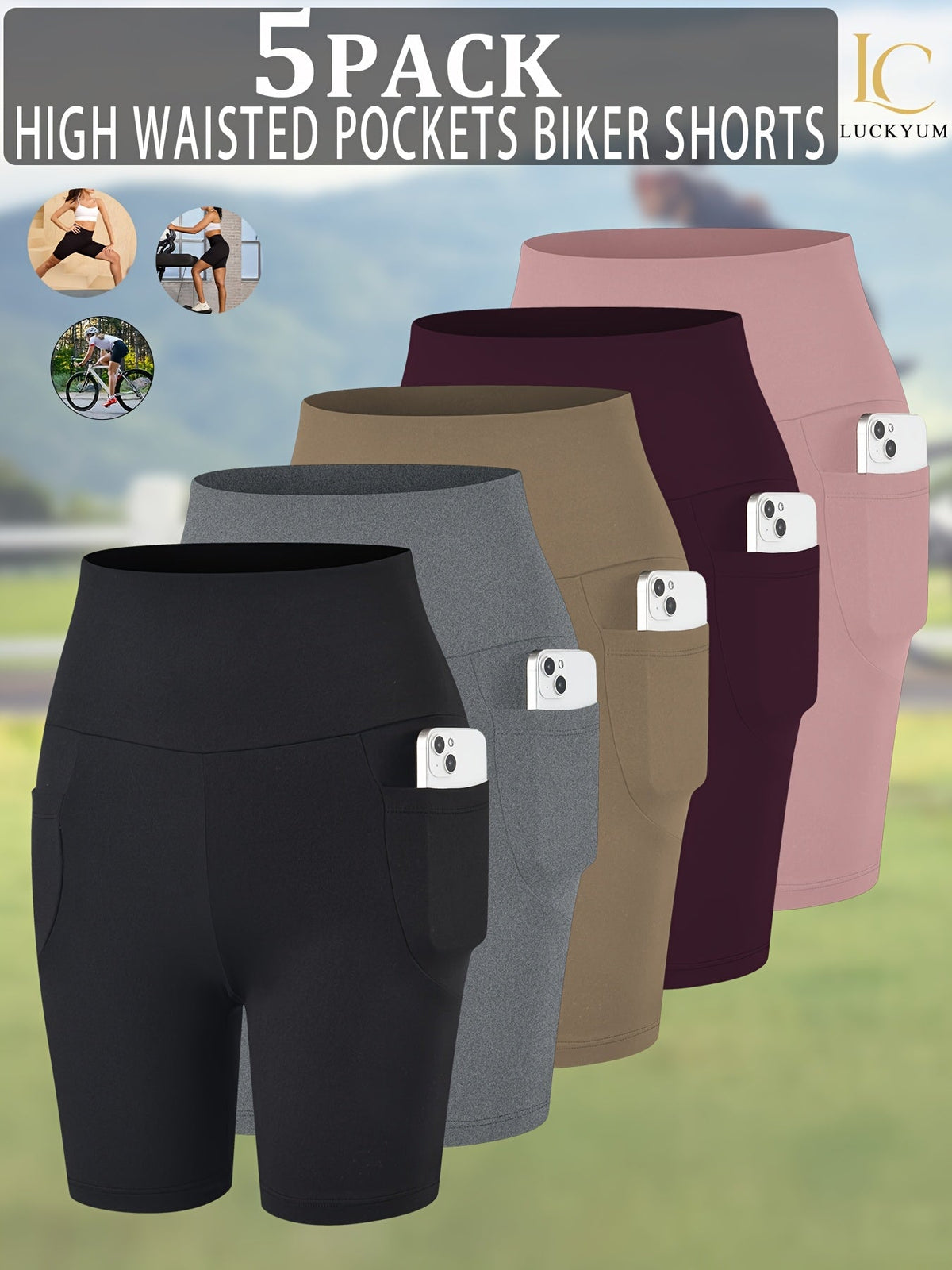 Women's High Waisted Biker Shorts 5 Pack with Pockets | Tummy Control No See-Through Squat-Proof | 6" Inseam Workout Running Yoga Gym Shorts | Soft 4-Way Stretch | XS-XXL Mixed Colors
