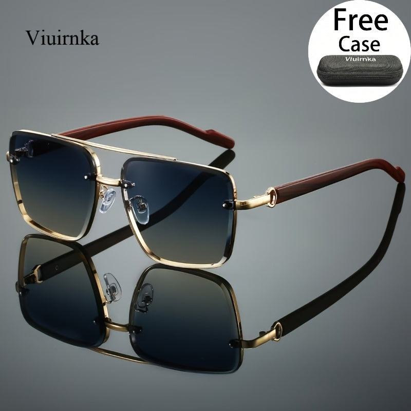 Square Retro Sunglasses for Men and Women Wood Grain Double Beam Design UV Protection Fashion Eyewear with Case for Driving Travel Beach Street Photography Holiday Gift 7 Color Options