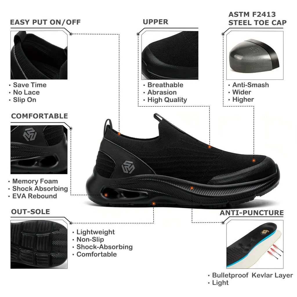 Steel Toe Work Shoes for Men Slip-On Lightweight Safety Sneakers Puncture-Resistant Non-Slip for Construction Warehouse Restaurant Black Grey Blue US 5.5-14